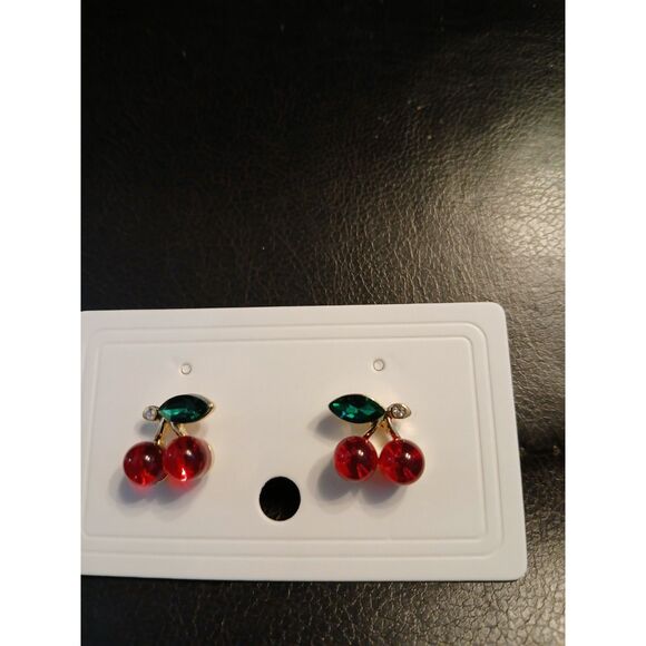 3D Red Cherry Cherries Stud Earrings Green Rhinestone Leaves - Picture 2 of 5
